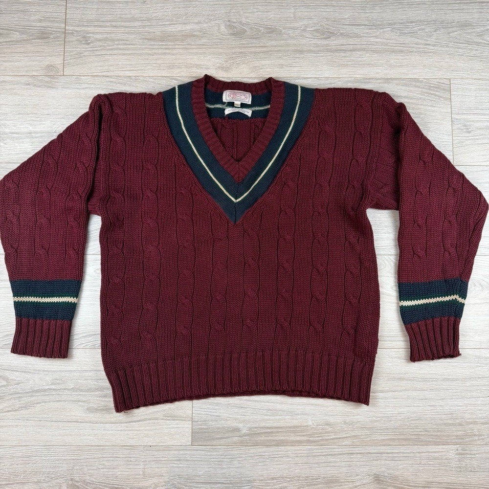 Vintage 90s Granby Club Collection XL Cable Knit V-Neck‎ Varsity Sweater Cotton
